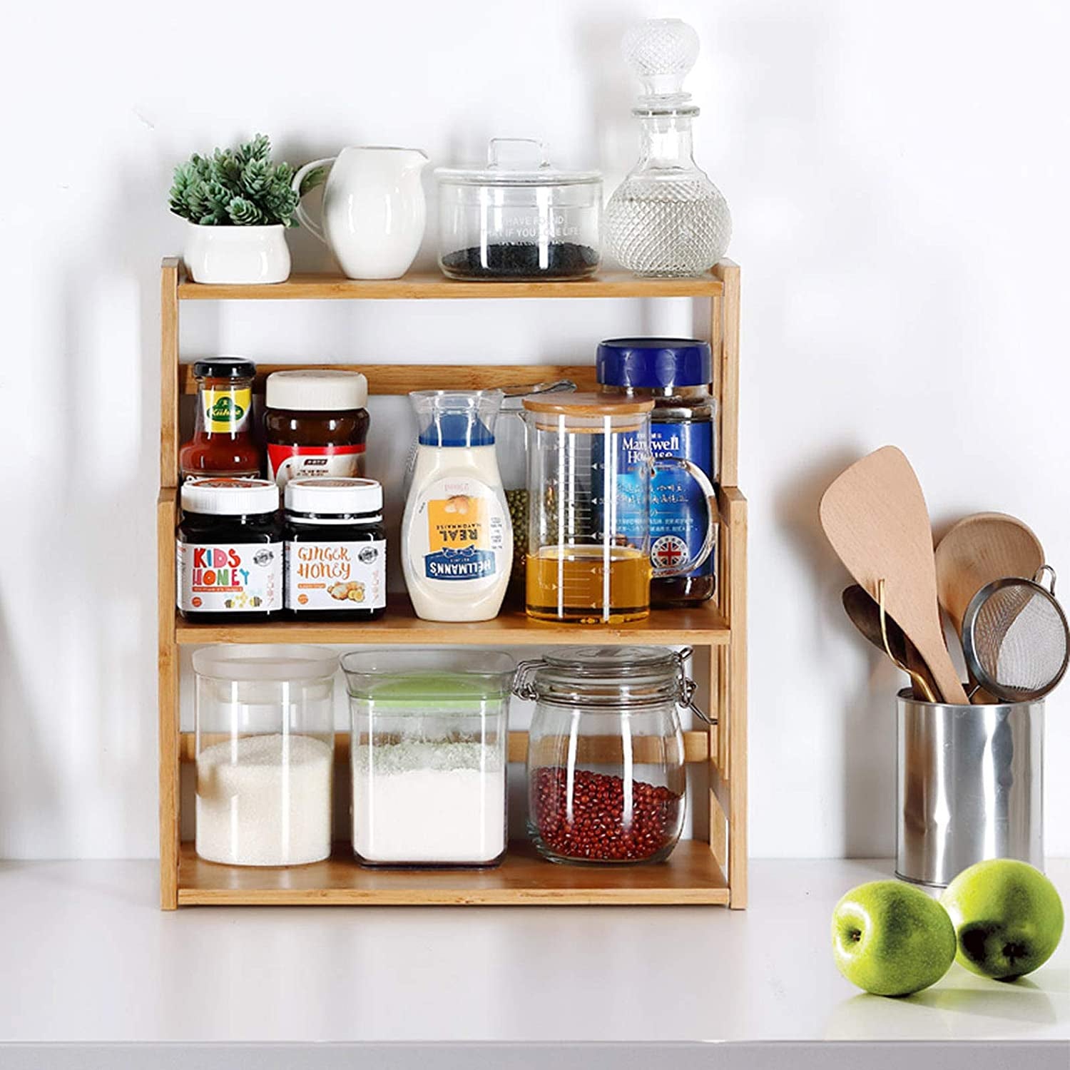 Bamboo Spice Rack Kitchen Countertop Organizer Storage Shelves-3 Tier Standing Pantry Shelf with Adjustable Shelf